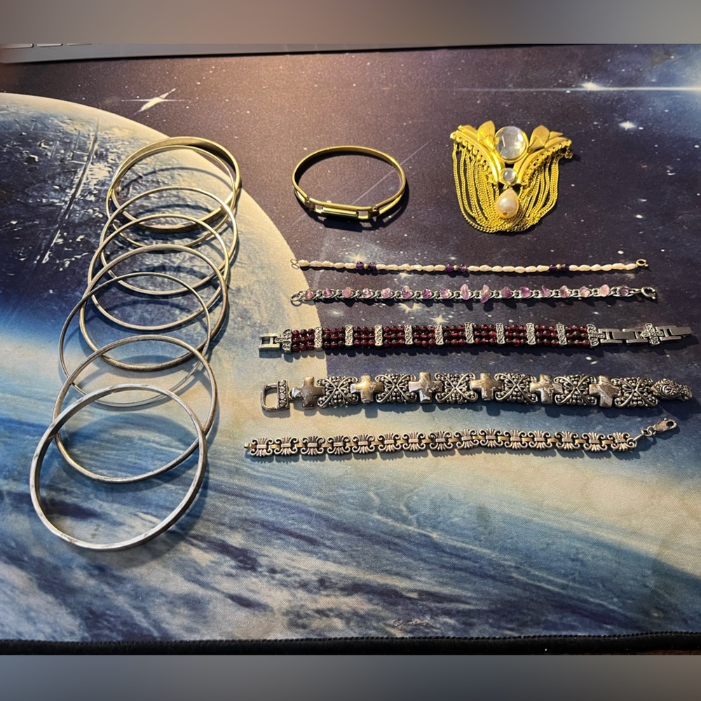 Vintage Gen-X Jewelry Lot - Bracelets & Pin - Silver, Gold, Purple Red Accents